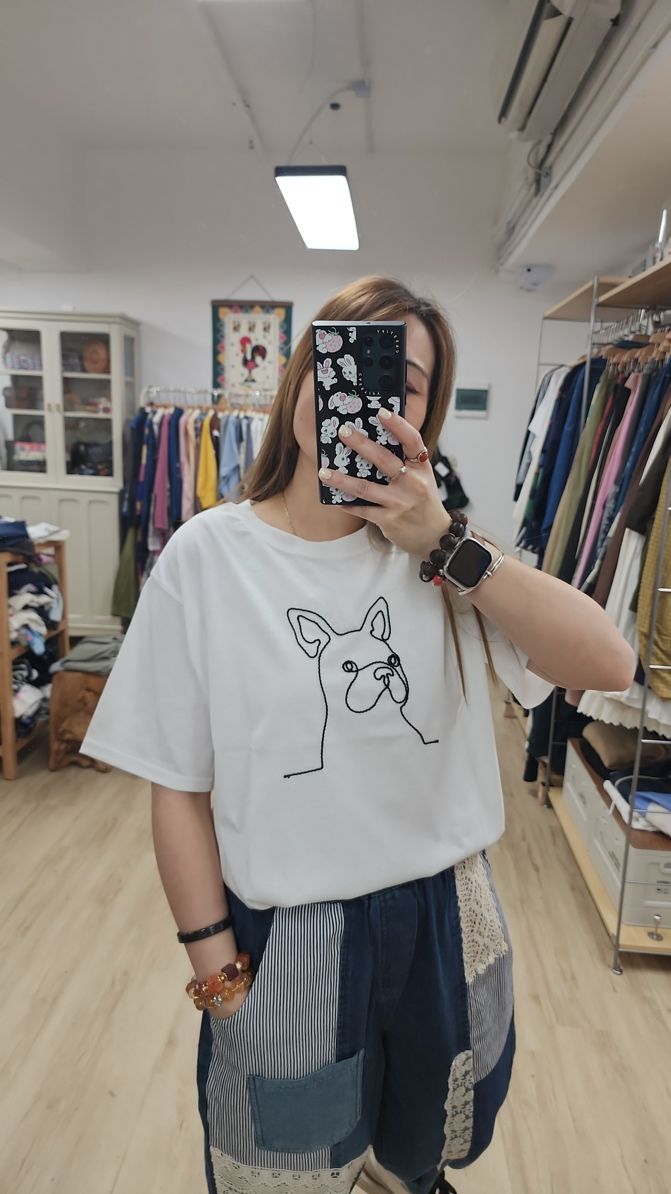 日牌白拼立體繩狗狗圖案棉Tee