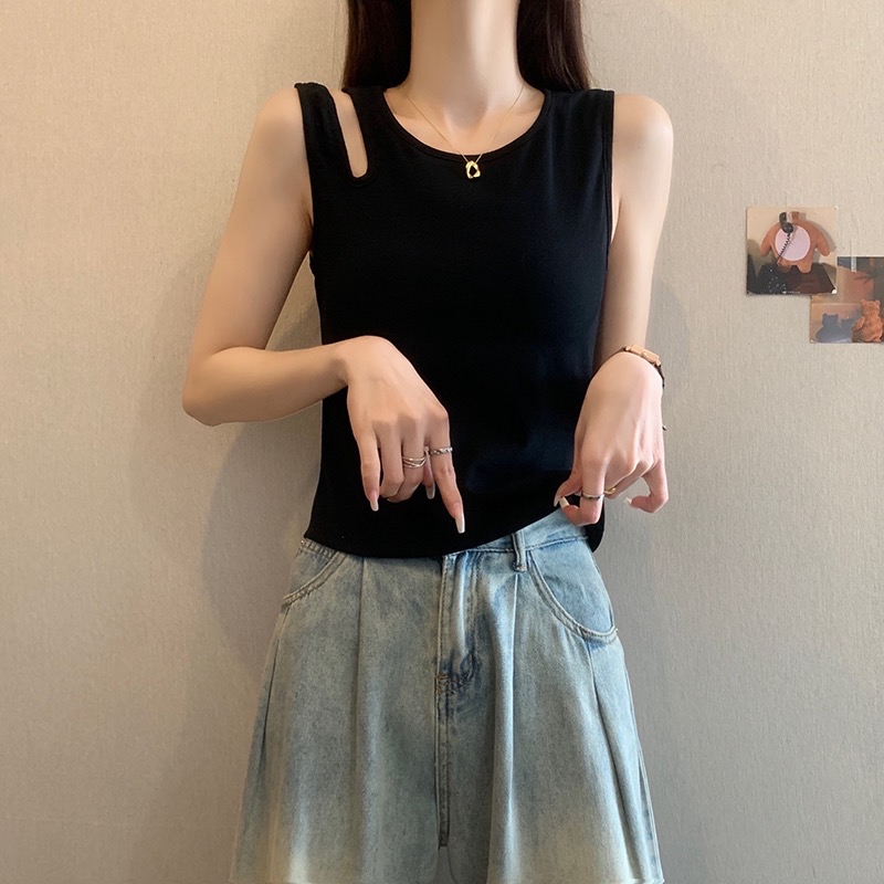 B290(16201) 韩版付胸垫边单镂空双吊带设计感黑背心