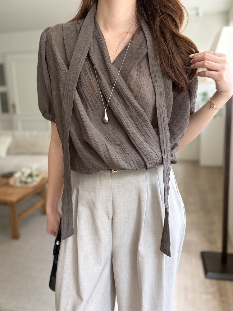Louise Wrap Blouse with Tie (Brown)