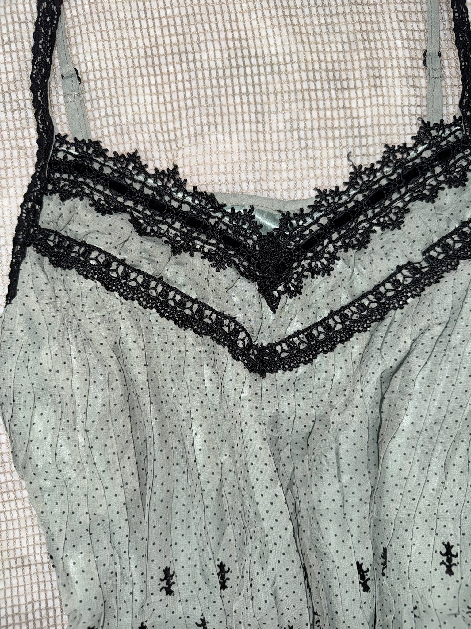 Axes Sage Green Mesh Slip Dress with Black Baroque Print and Tiered Lace Ruffles