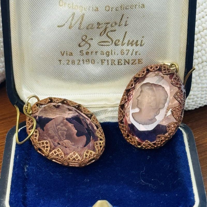 Vintage Recomposed Intaglio "Cameo" Pink Glass Hook Earrings