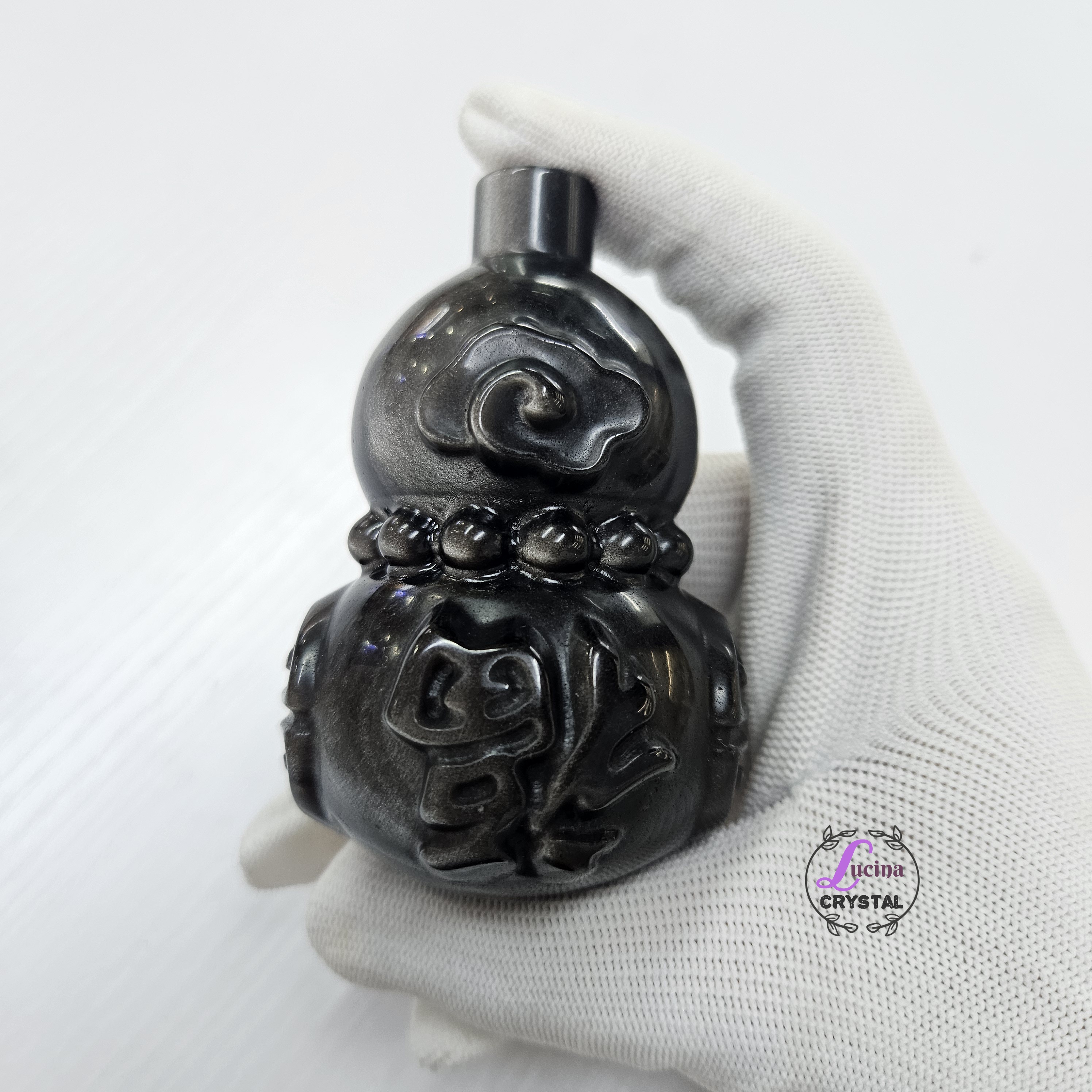 (Co#J326) 人手雕刻葫蘆形銀沙黑曜石/Silver Obsidian Gourd