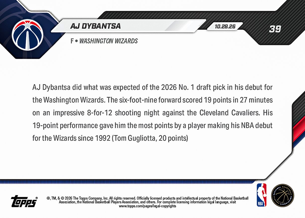 AJ Dybantsa - 2026-27 NBA Topps NOW® #39 NBA 首戰19分 RC【團購】