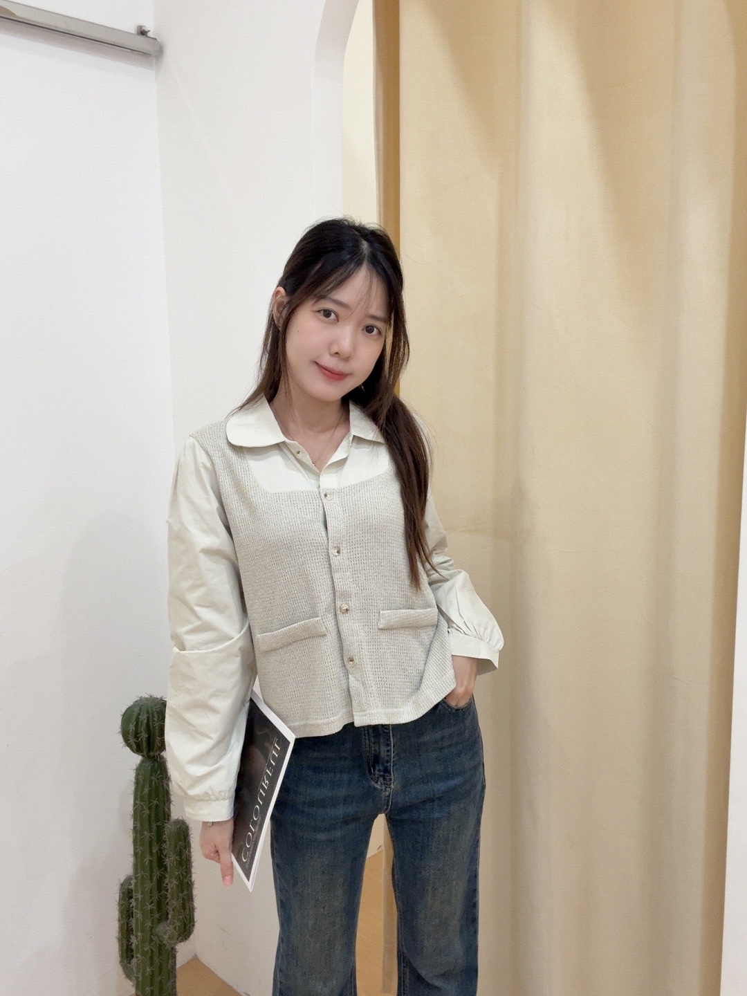 韩系翻领针织假两件拼接长袖衬衫 R2607