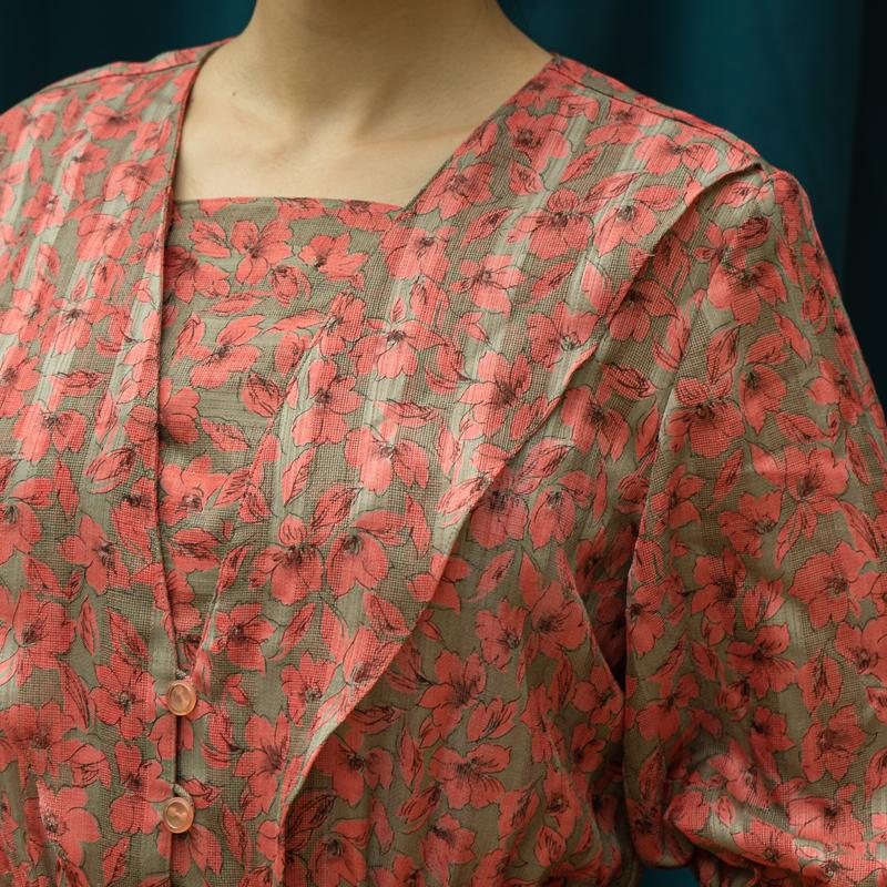 Vintage Japanese Sakura Floral Pattern Peplum Mid-Sleeve Summer Dress (MT1608-64)