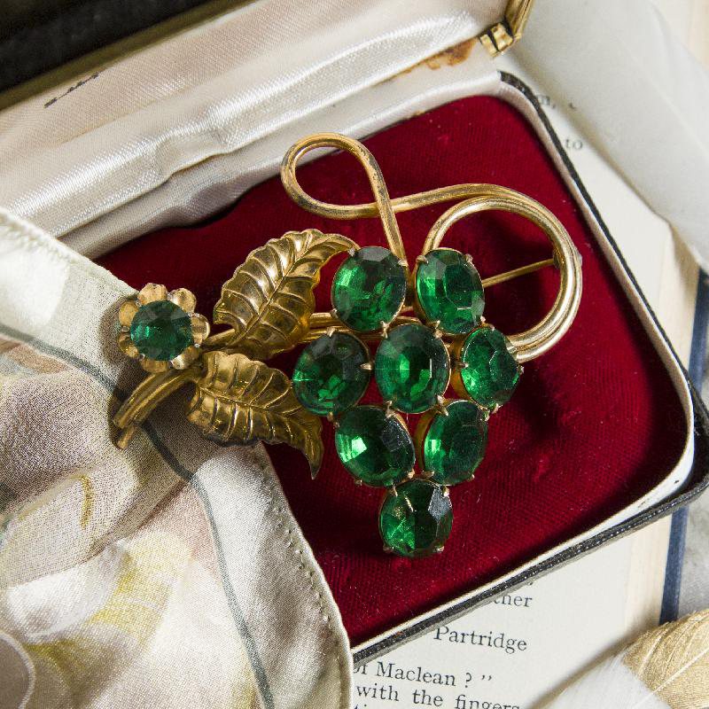 RARE！1940s Vermeil Gold Over Sterling Silver Emerald Green Rhinestone Flower Brooch (MN001)