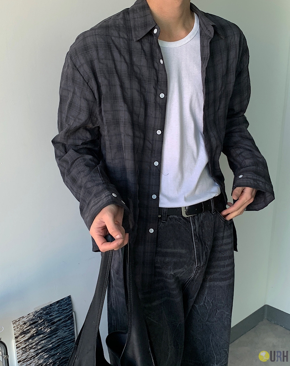 【100%保證韓國直送】韓系質感 細格紋自然皺褶棉質長袖恤衫 👕 [6 color] RF118055