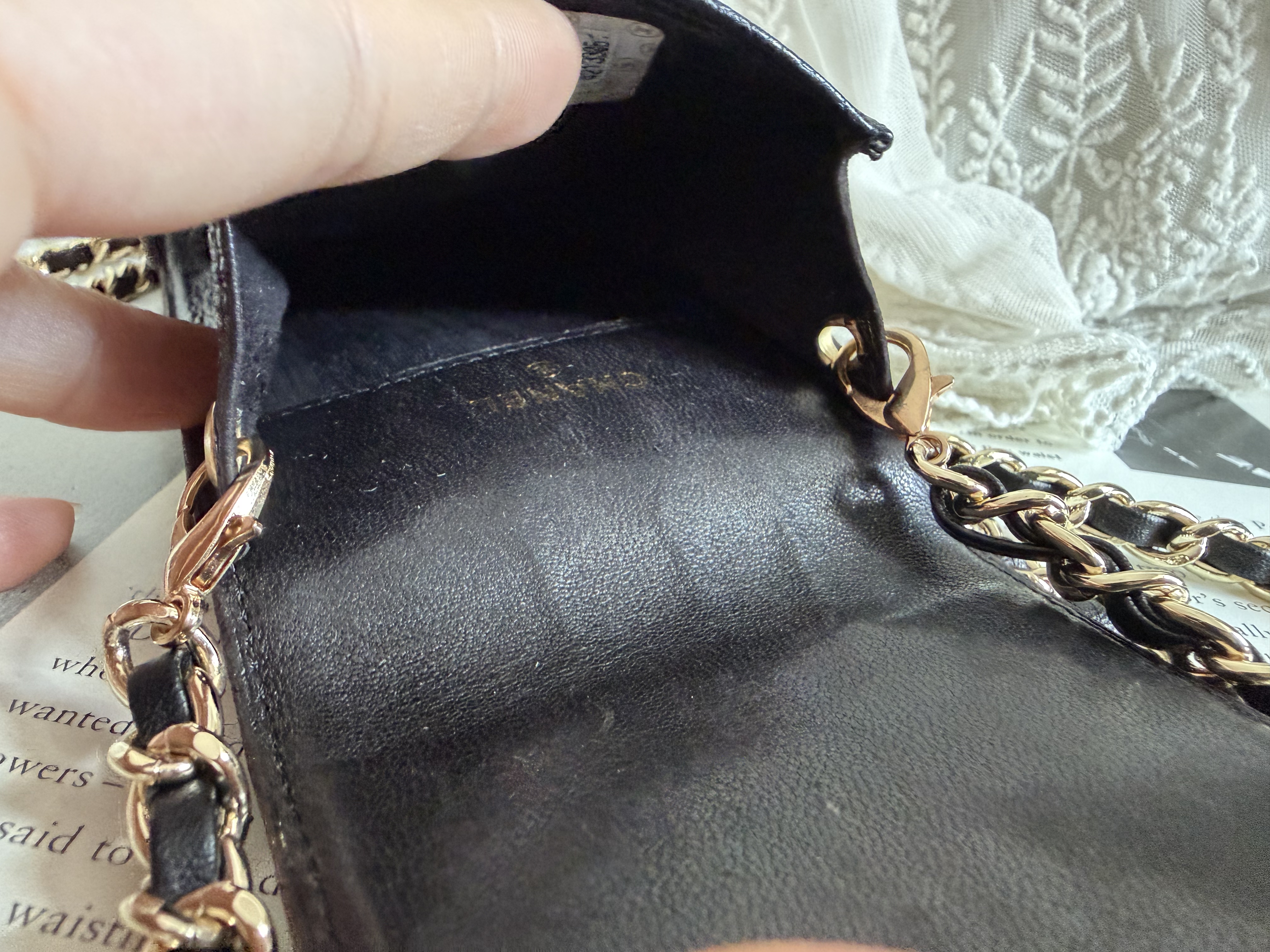 Vintage chanel black caviar leather phone holder sunglassess holder 