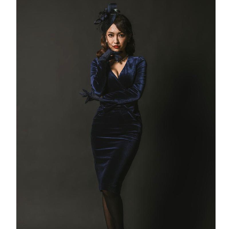 (SOLD OUT)Hollywood Era Ribbon Waist Cocktail Velvet Dress-Blue(FM128)