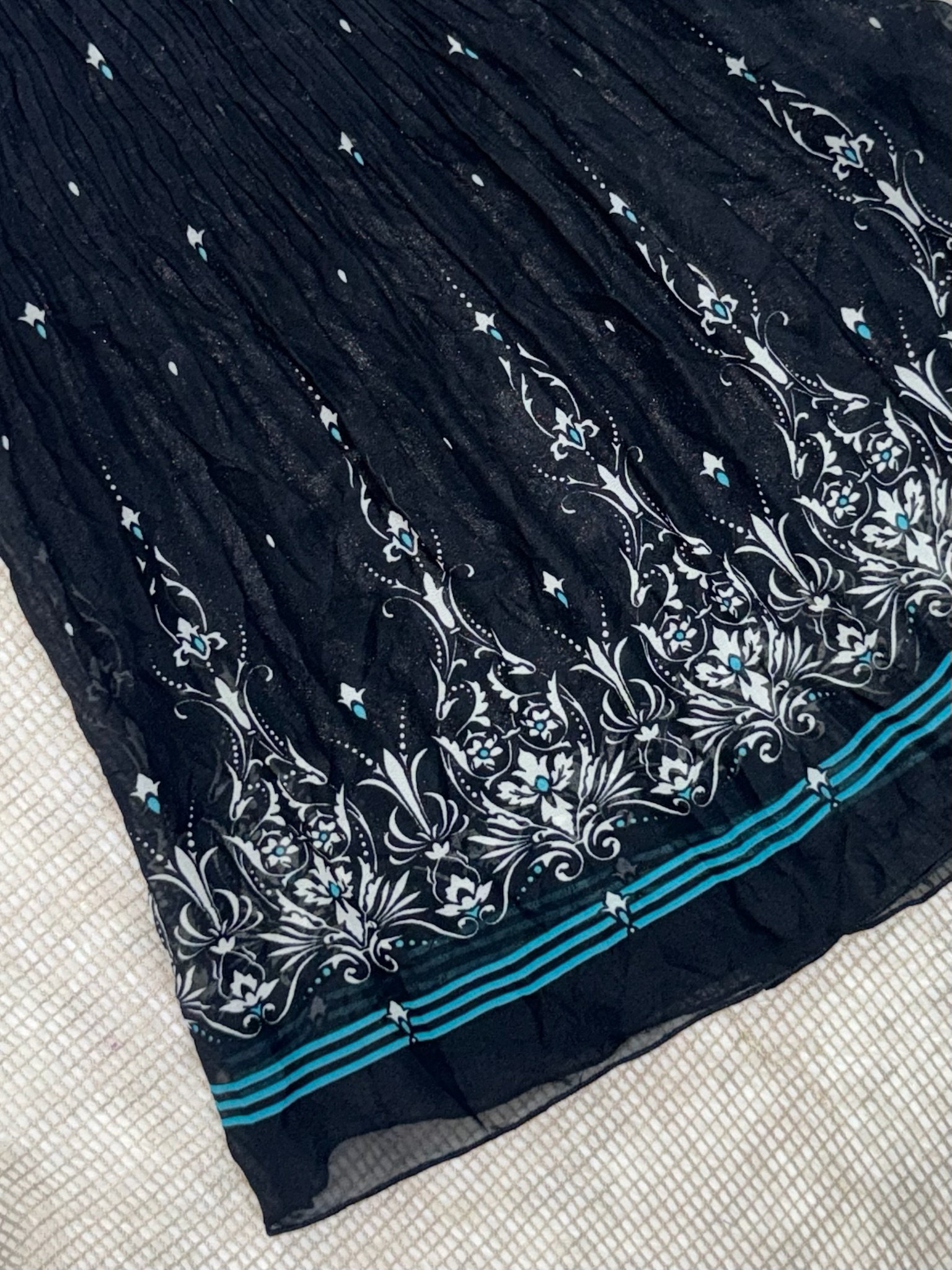 Black Pleated Skirt with Teal Baroque Floral Border Print