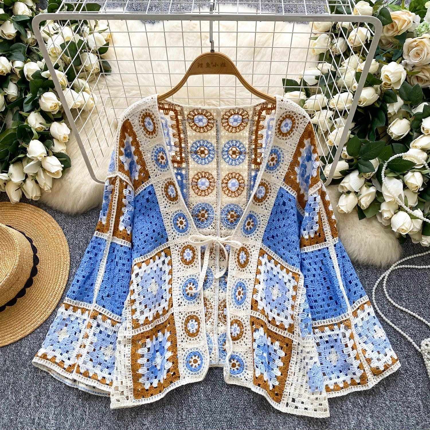 YCG07 735 波希米亚钩花镂空针织开衫外套
