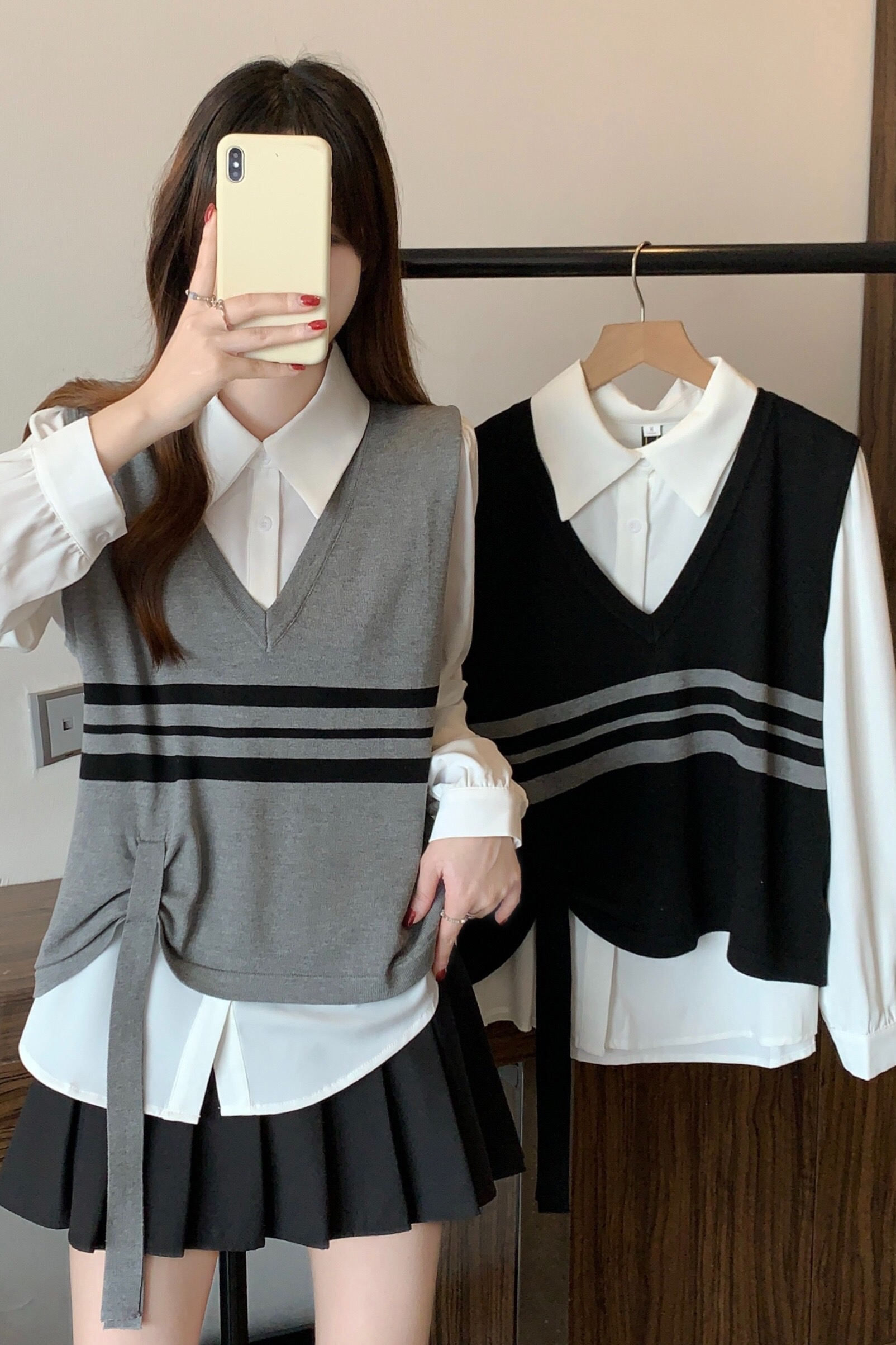 B140(69420+62158) 韩系长袖白衬衫与撞色条纹下摆飘带黑灰针织马甲两件套上衣