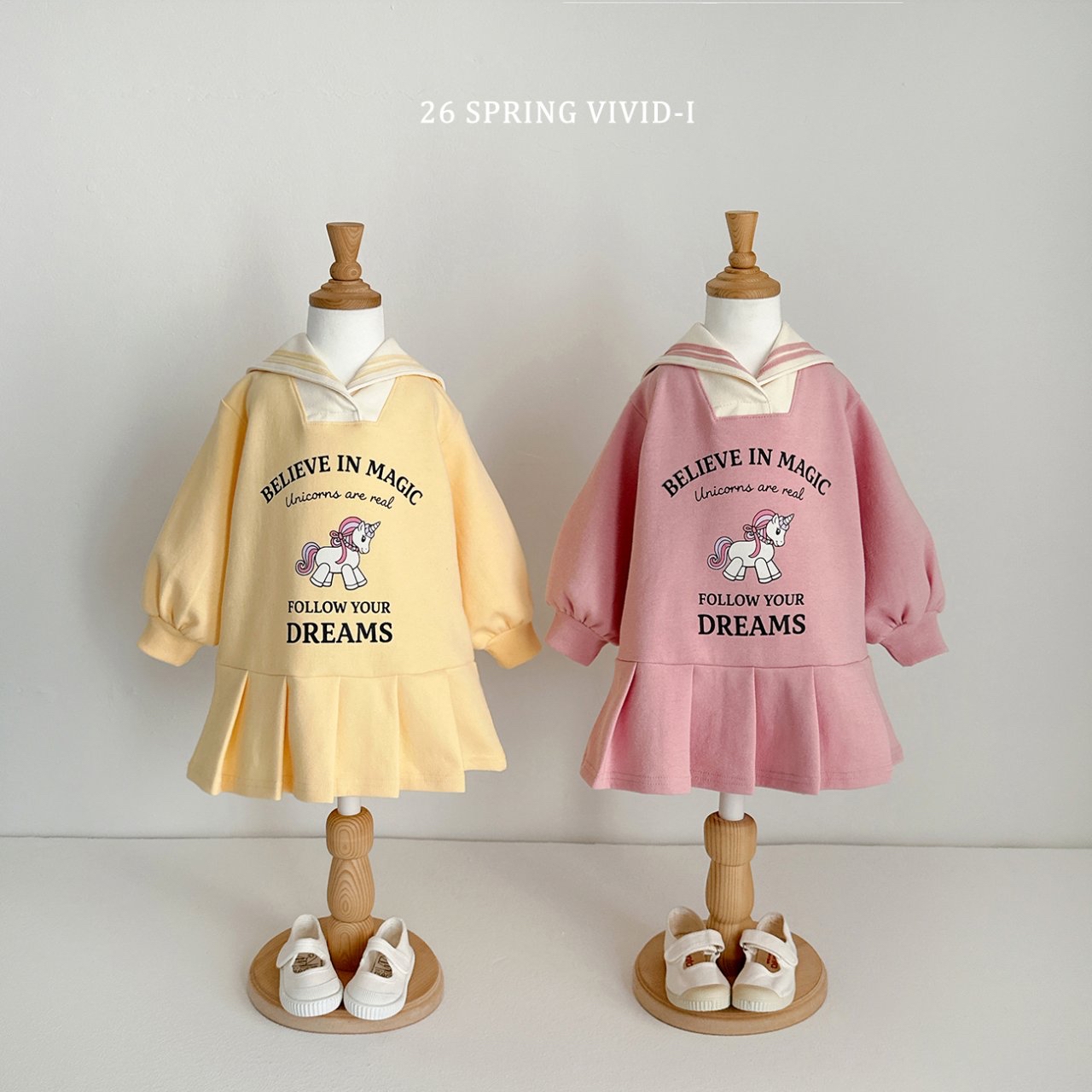 🌸預訂 韓國直送🌸🇰🇷VIVIDI四色水手領獨角獸印花長袖百摺連身裙