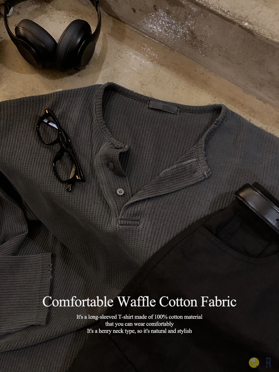 【100%保證韓國直送】復古顏料洗水織紋大寬鬆亨利領長袖 Tee 👕 [3 color] RL114465