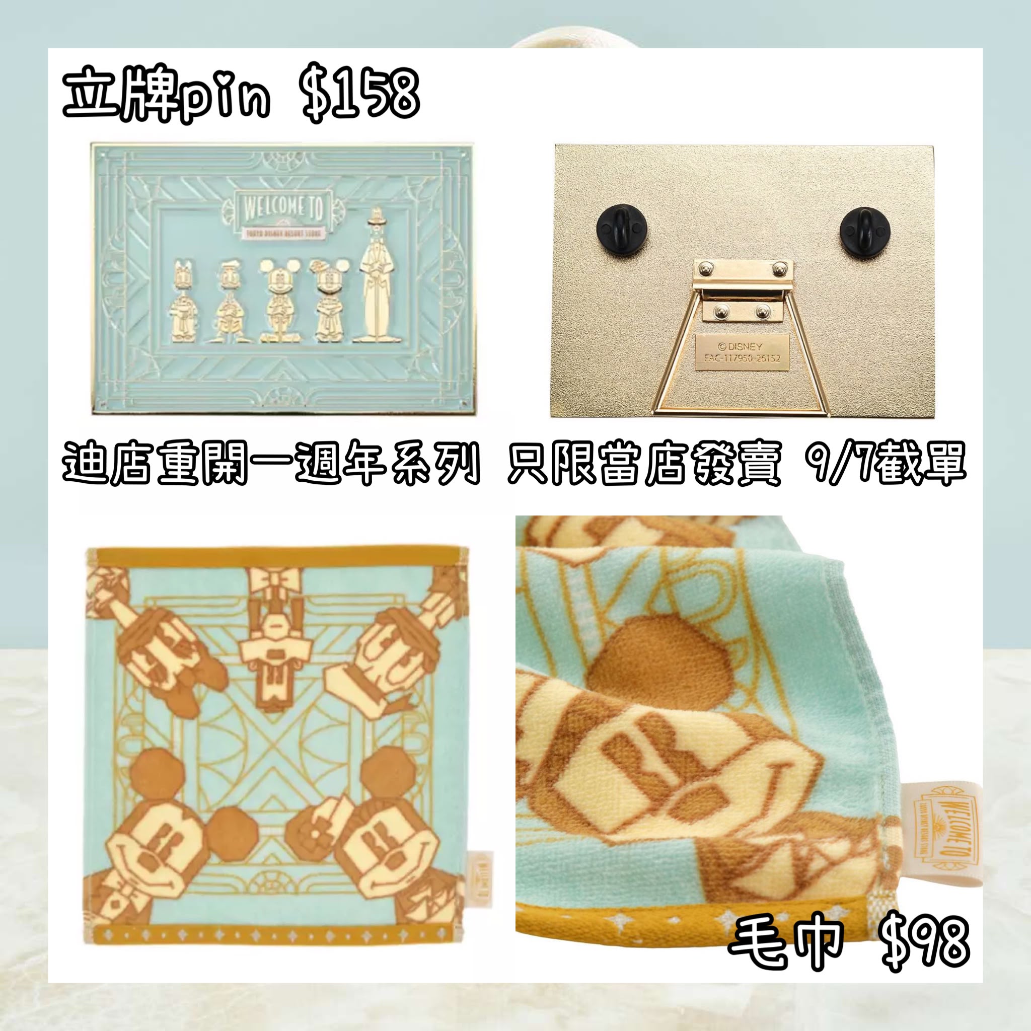 ：日本：【東京ディズニーリゾート店限定，9/7截單】重開一周年紀念 立牌 PIN 毛巾
