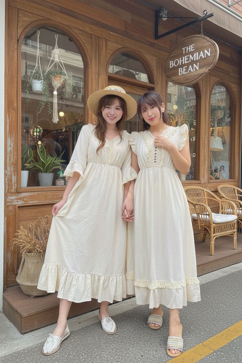 2125 Thai Beige Wide Ruffles V neck Lace Cotton OP
