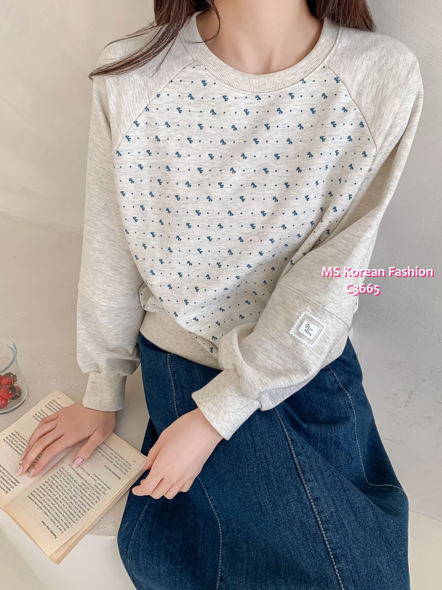 C3665 韓國🇰🇷小蝴蝶結圖案拼布top