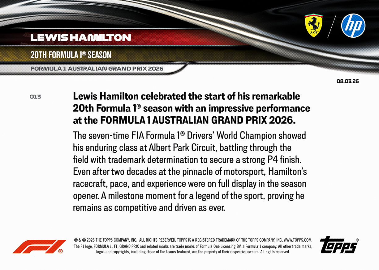 Lewis Hamilton - 2026 F1 Topps NOW® #13 Australian GP 第20個F1賽季紀念卡｜PR 6,056