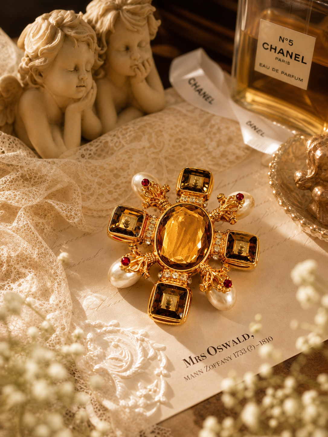 拜占庭的流金十字 ∙ 中世紀宮廷重工寶石珍珠胸針Gilded Byzantine Cross ∙ Mid-Century Palace Gemstone & Pearl Brooch