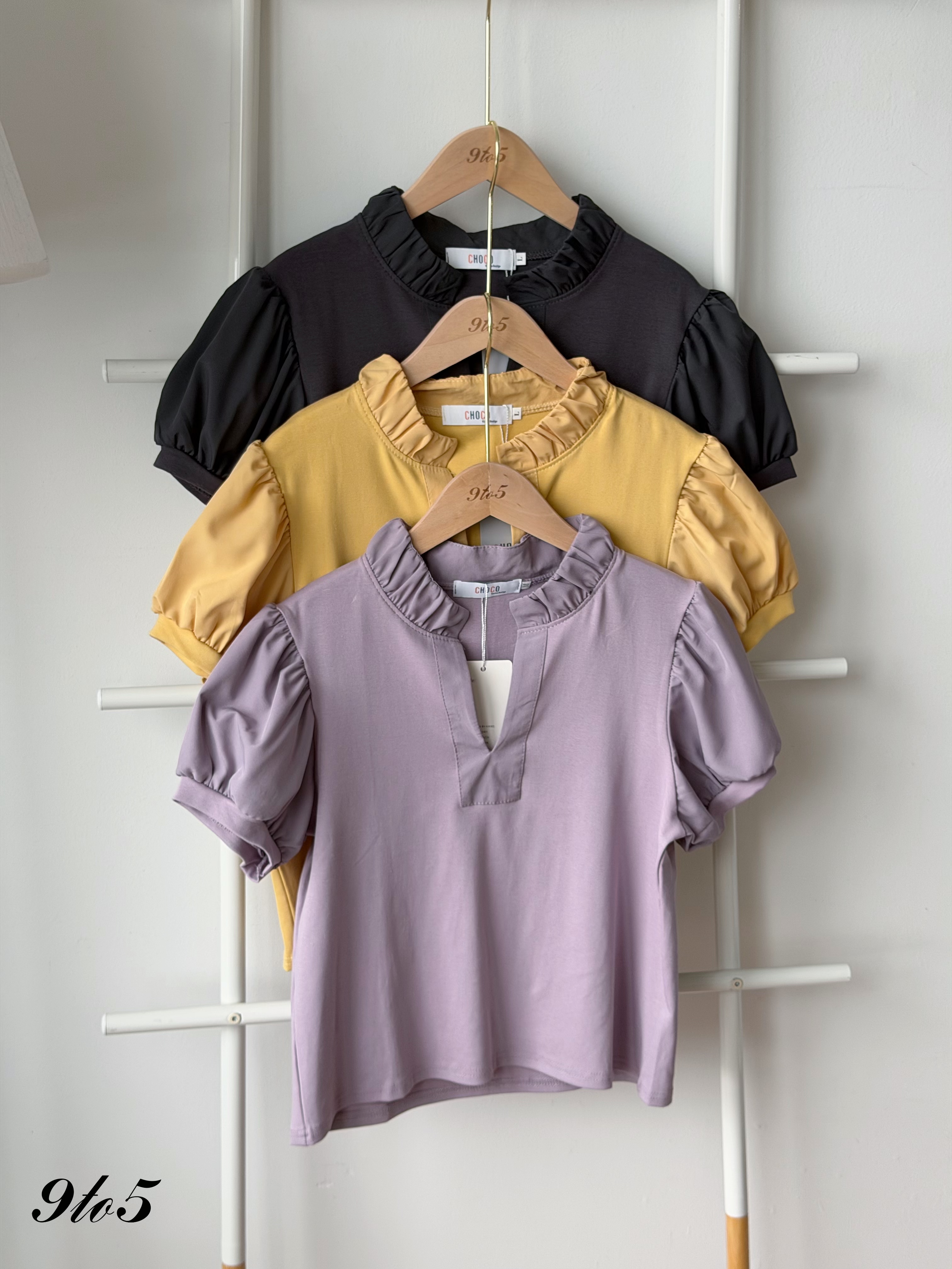 T4534 Puff Sleeve Ruffle Collar Blouse - 3 Colors 