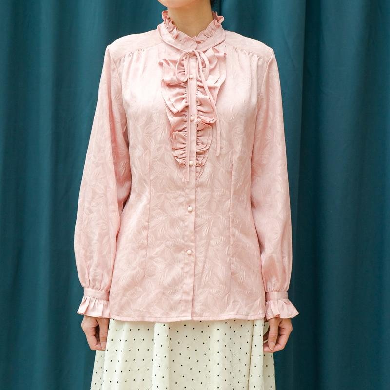 Vintage Japanese Leaf Textured Pink Ruffle Front & Cuff Blouse/Shirt (MT1604-8)