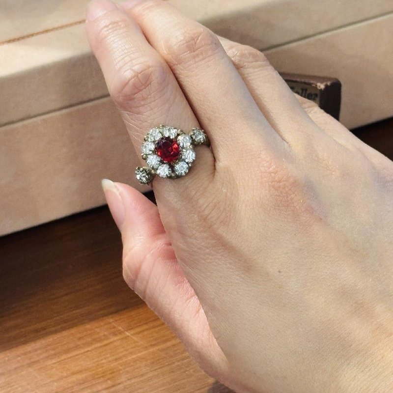 Vintage Art Deco Revival Czechoslovakian Ruby Red Rhinestone Ring - HK size 11 (B119)