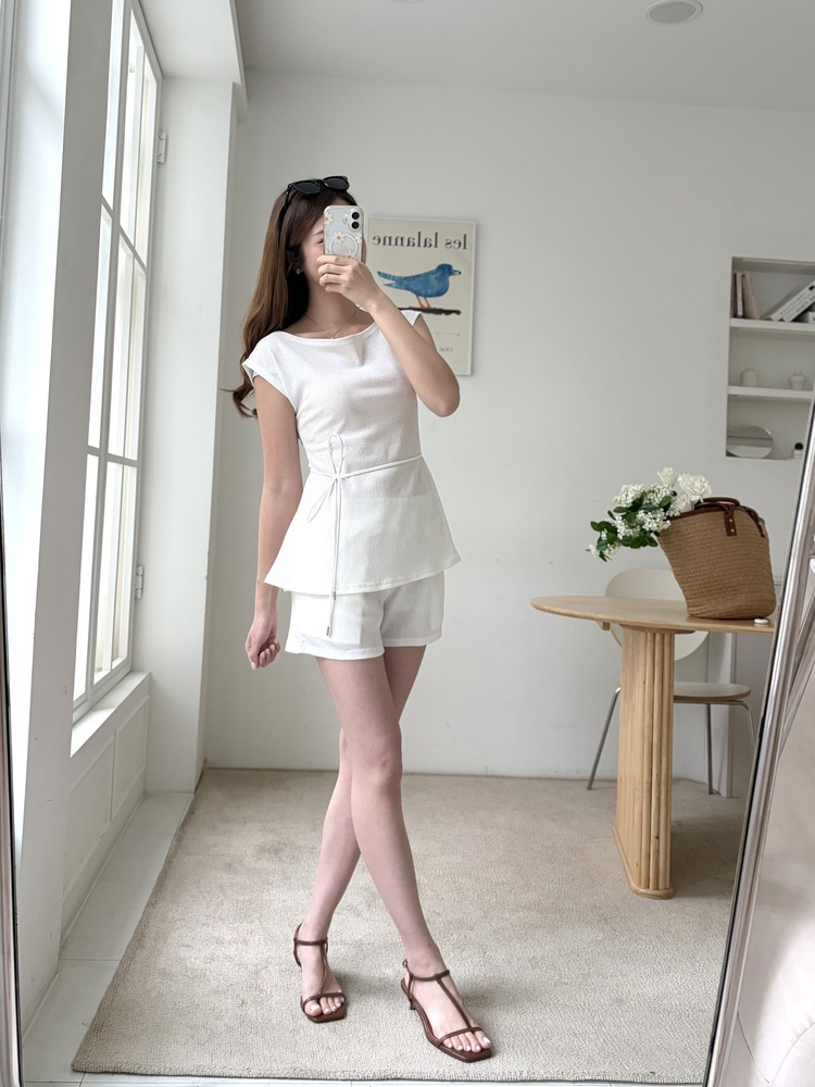 Elysian Boat Neck Belted Set (White)
