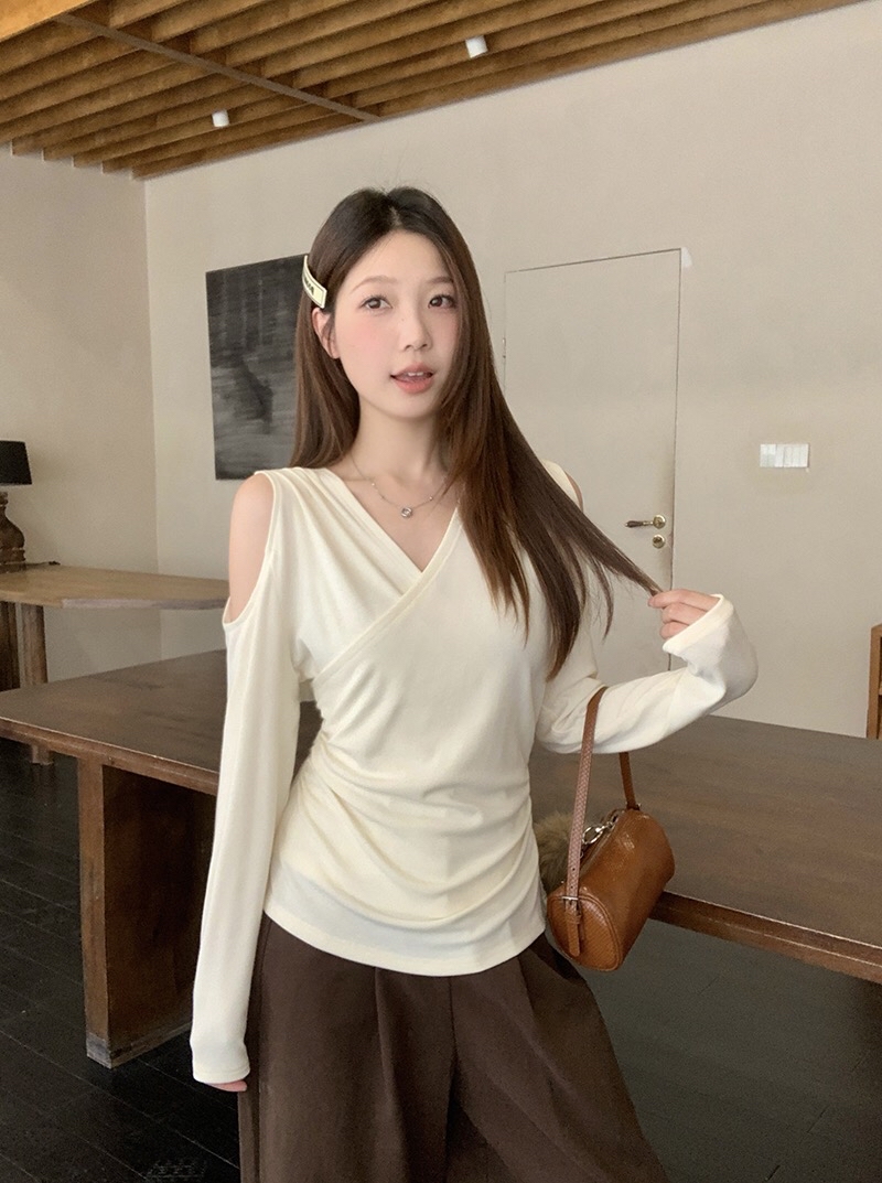 B370(A2759) 法式纯欲风交叉领双边露肩褶皱腰3色上衣