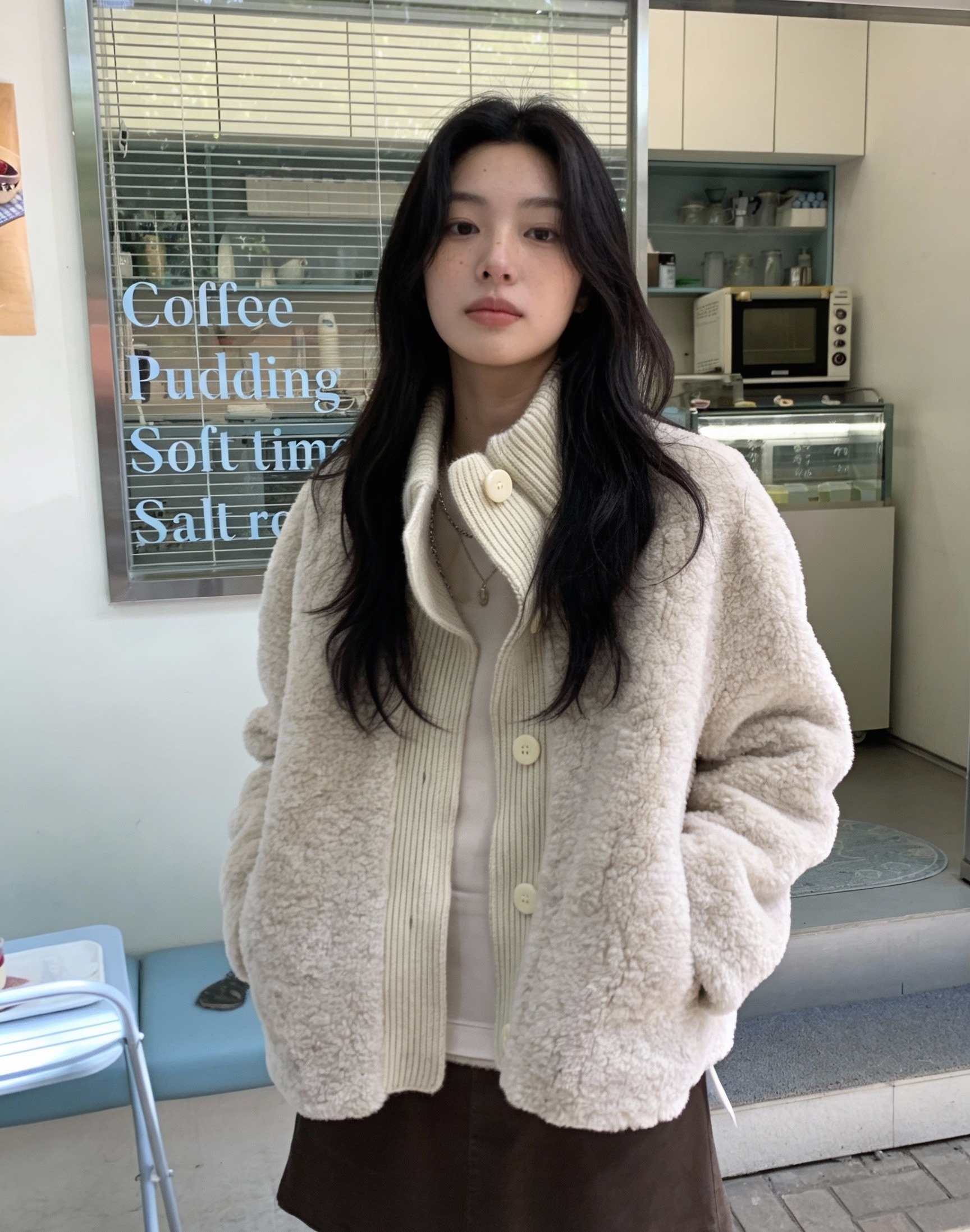 毛絨短版開襟外套 – 羊羔絨大扣子夾克