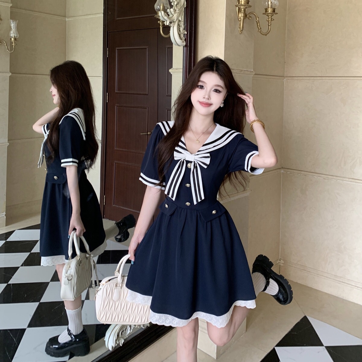 B171(8976短) 短款韩版复古学院风水手蝴蝶结领下摆A字蓝连身裙 