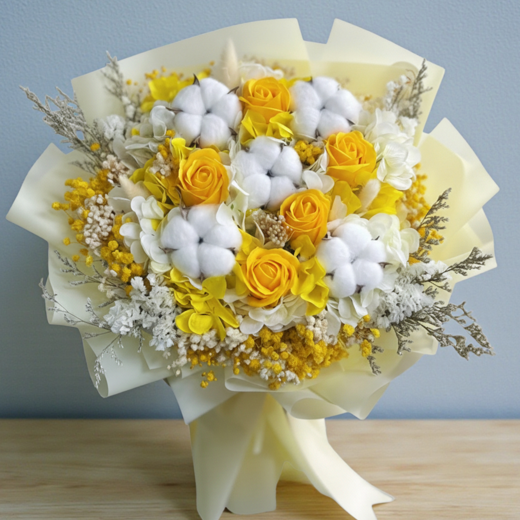 👉🏻乾👈🏻 棉子經典花束丨玫瑰棉花花束丨10 支主花丨黃色花束丨 經典(大花束)丨畢業花束丨榮休花束丨情人節花束丨中學畢業花束丨大學畢業花丨典禮花束丨event花束丨典禮花束