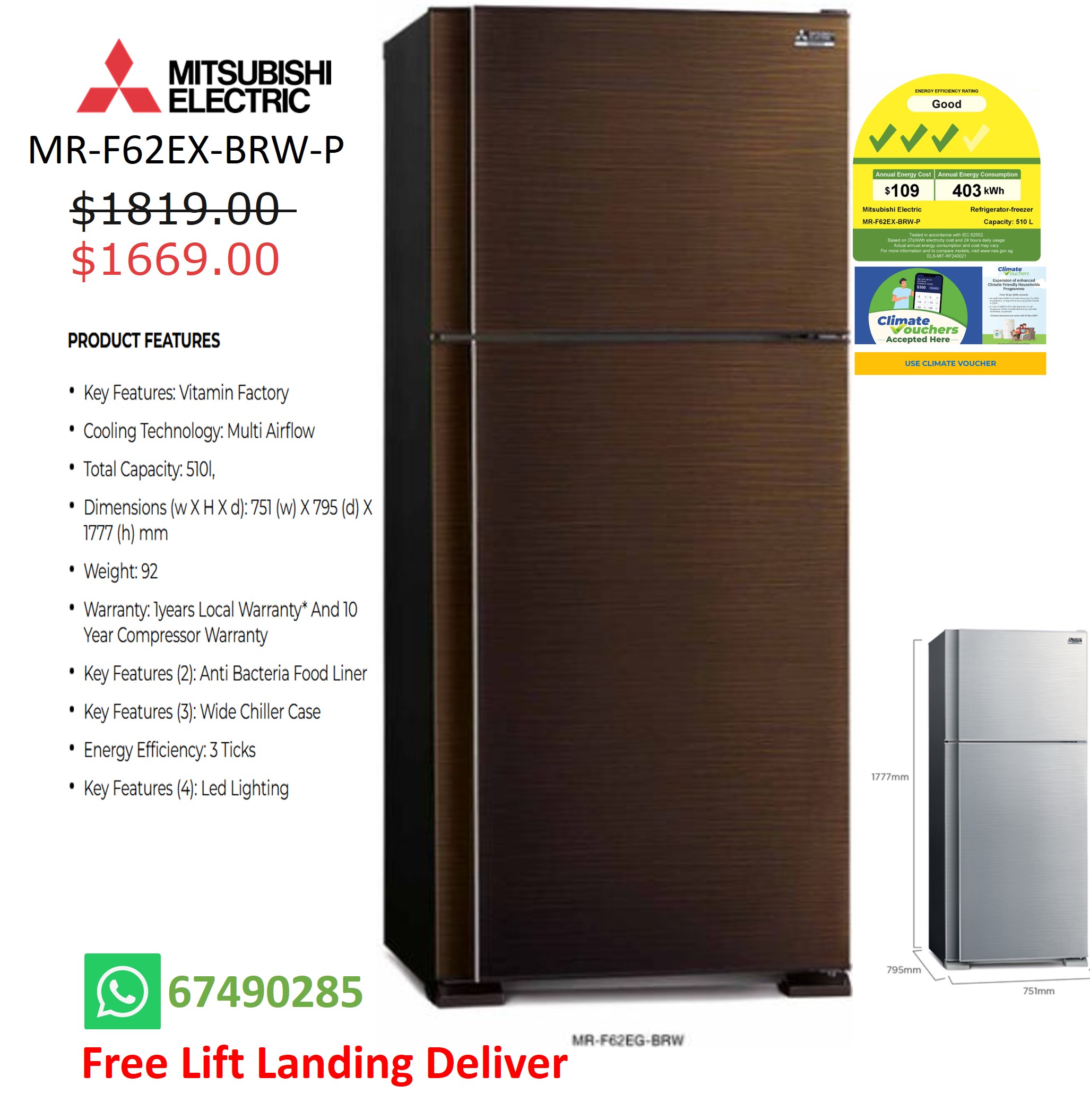 Mitsubishi MR-F62EX 2 Doors Refrigerator