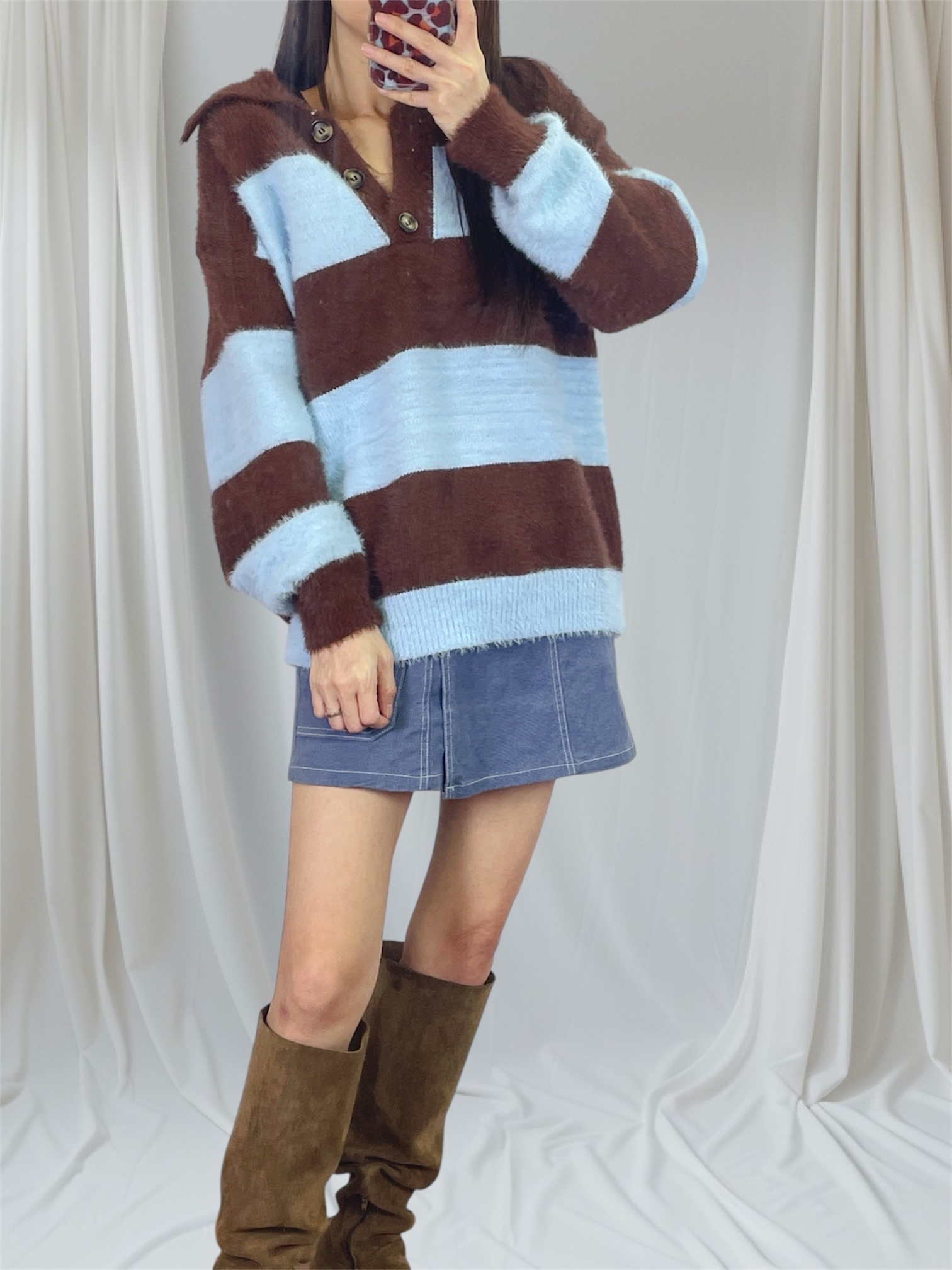 K5546 仿貂毛半胸間色針織