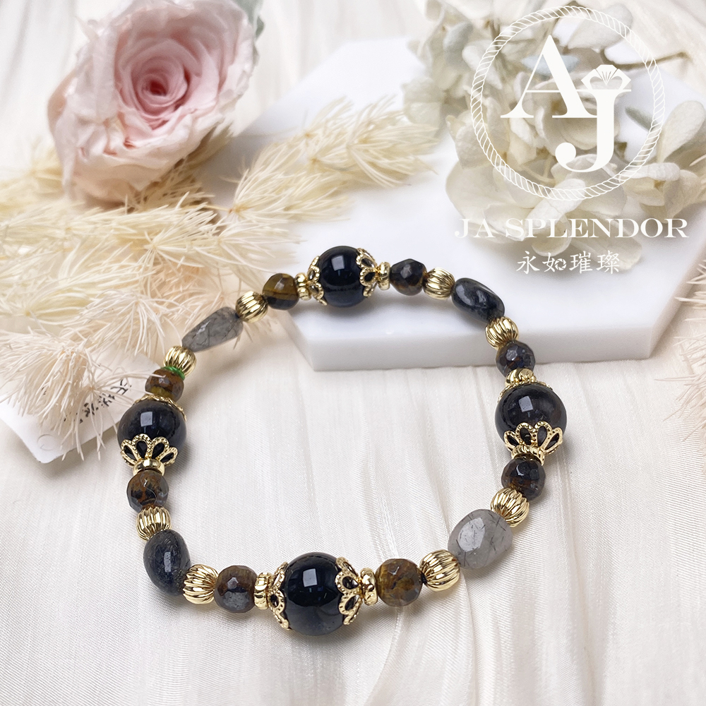 CY-03 黑髮晶銀曜黃虎眼14K包金水晶手鏈