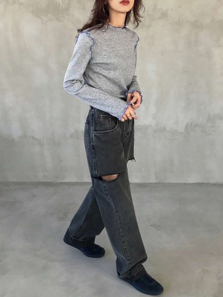 時尚羅紋長袖上衣 - 藍邊設計