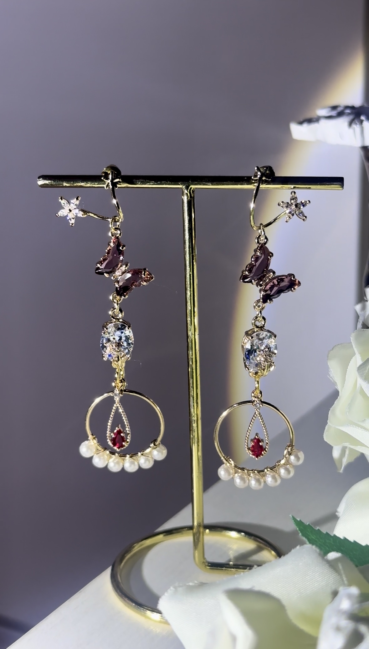 酒紅蝴蝶珍珠耳環🦋