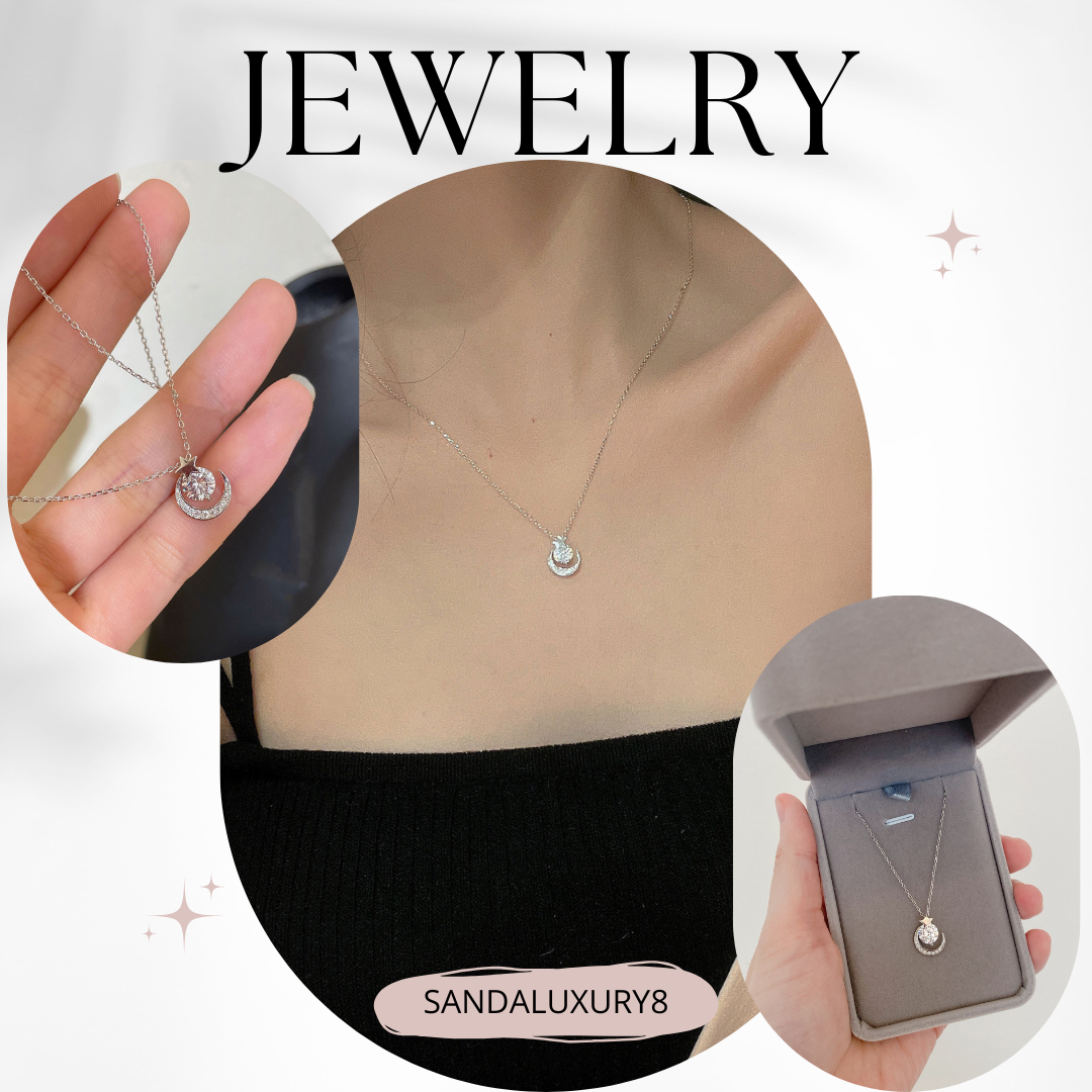 Elegant Moon and Star Cubic Zirconia Pendant Necklace 