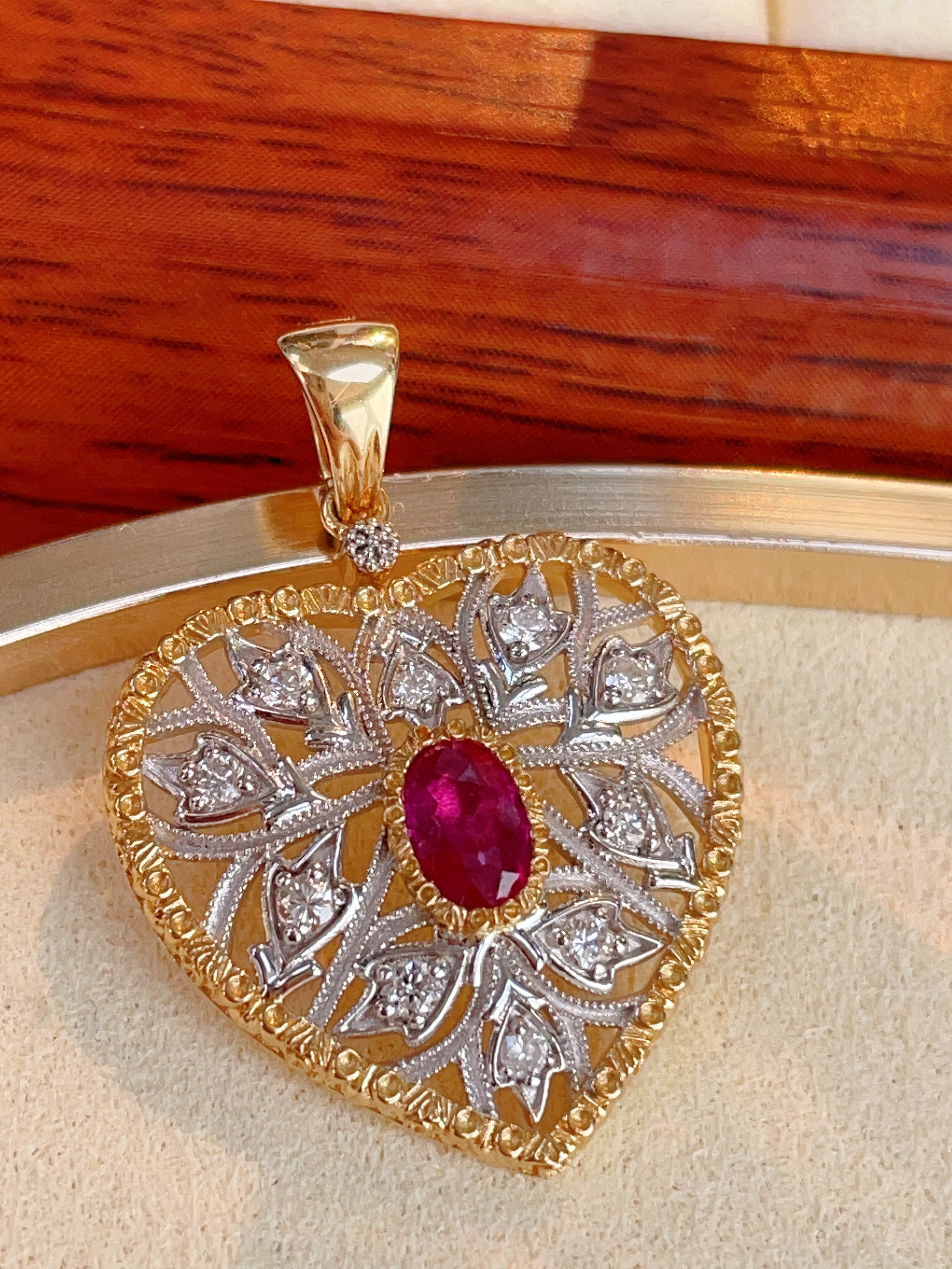 Two-Tone Gold Ruby Filigree Heart Pendant N031355