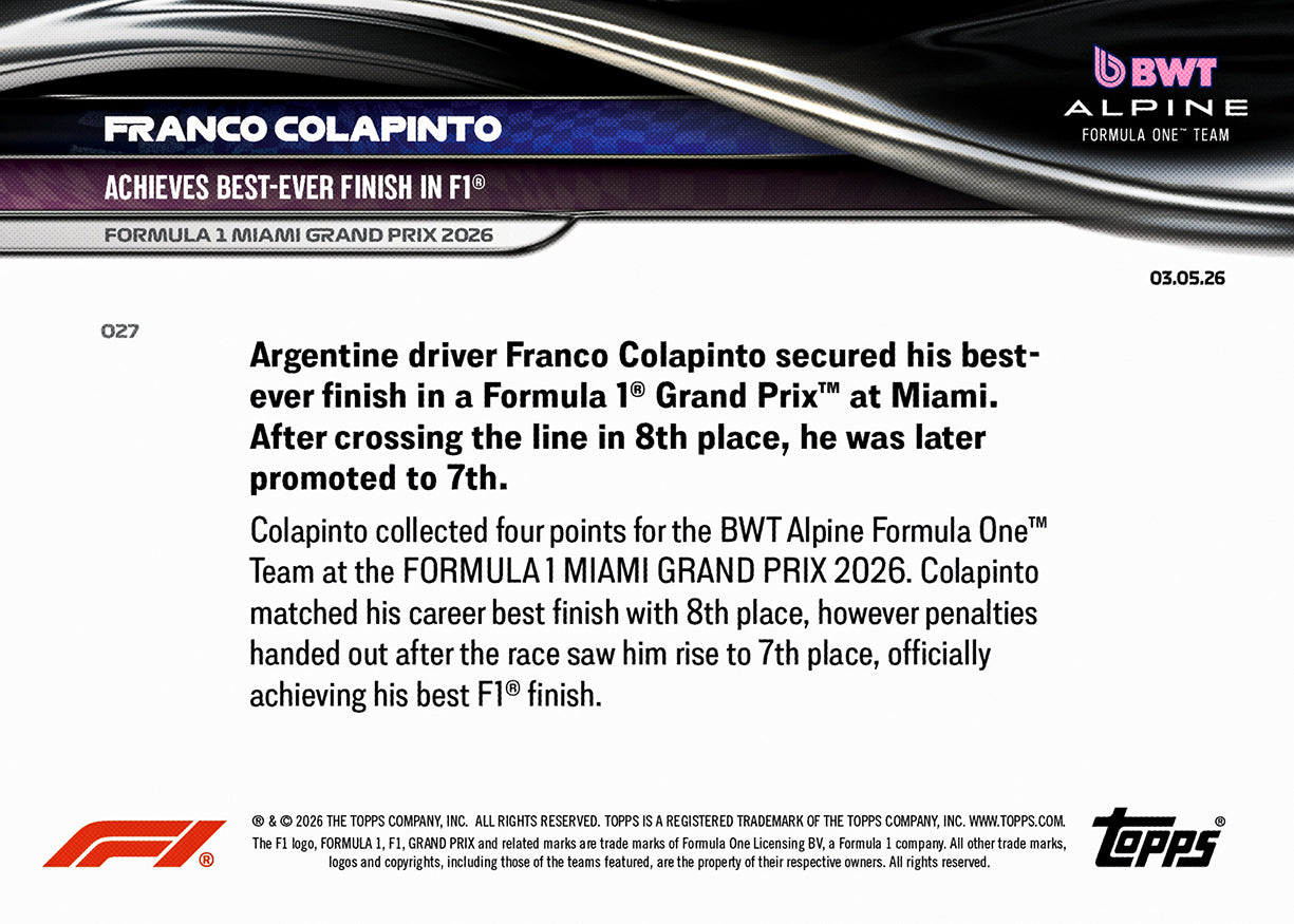Franco Colapinto - 2026 F1 Topps NOW® #27 Miami GP F1生涯最佳成績卡｜PR 1,675