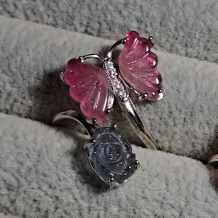 Candy tourmaline butterfly and rose ring, adjustable sterling silver (A) - TR278