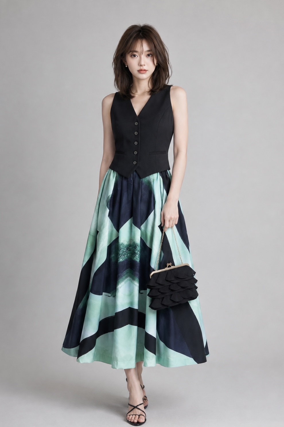 601121 Monochrome Abstract Print Maxi Skirt