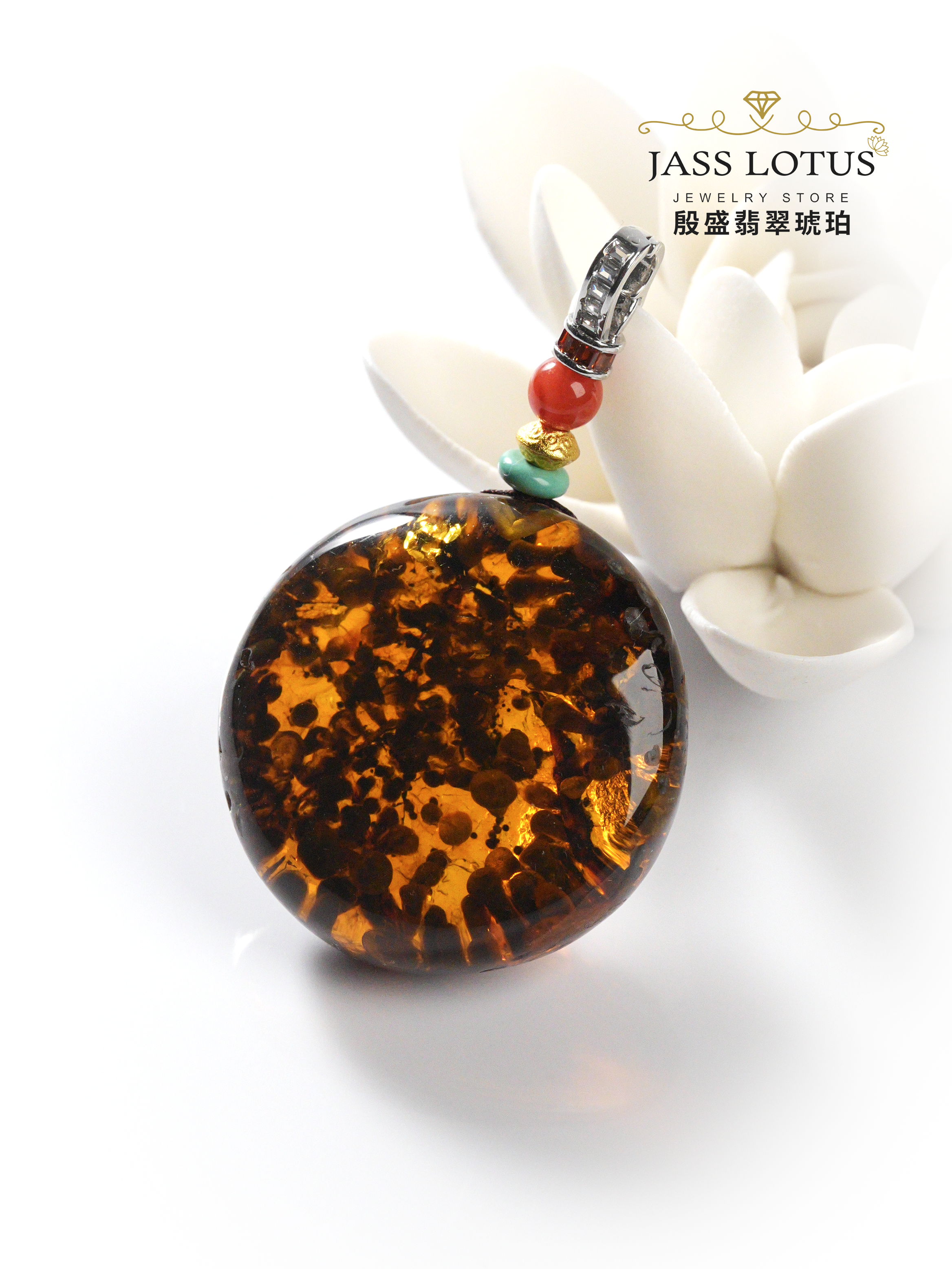 緬甸天然琥珀高藍珀孢子圓牌吊墜