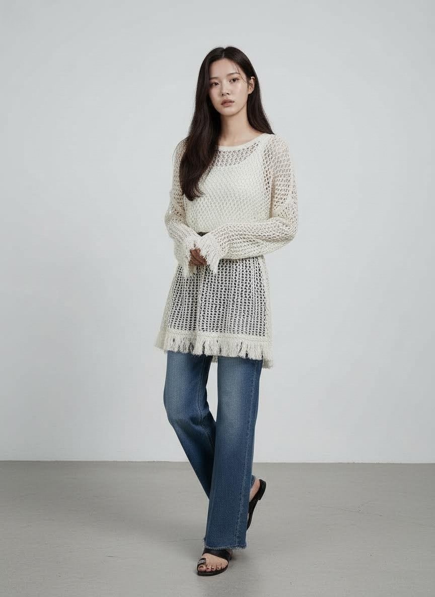 米白色鏤空流蘇針織上衣