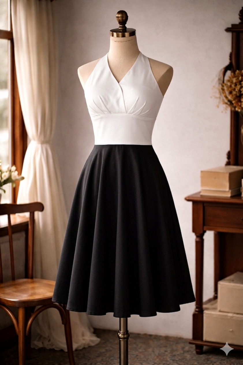(Ready/Custom-Made) Heirloom Cocktail Series - Marilyn Style Halter Dress - White X Blue (FM171)