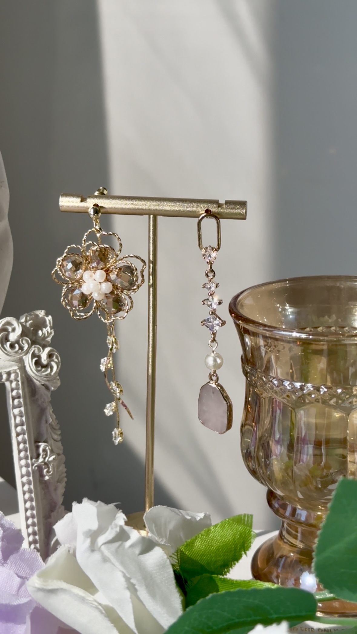 漸變粉水晶花耳環💓