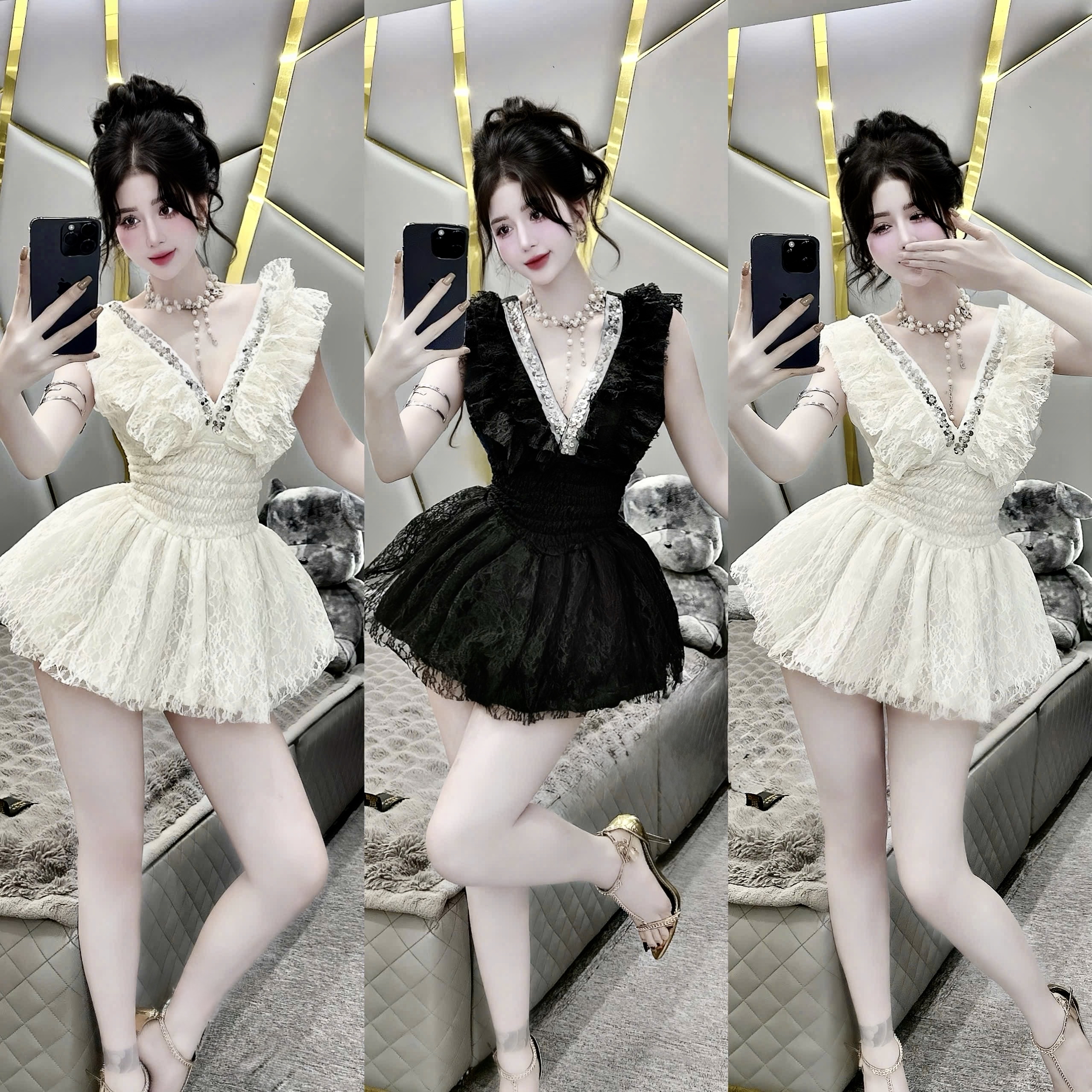 蕾絲邊迷你洋裝 - V 領雞尾酒禮服 