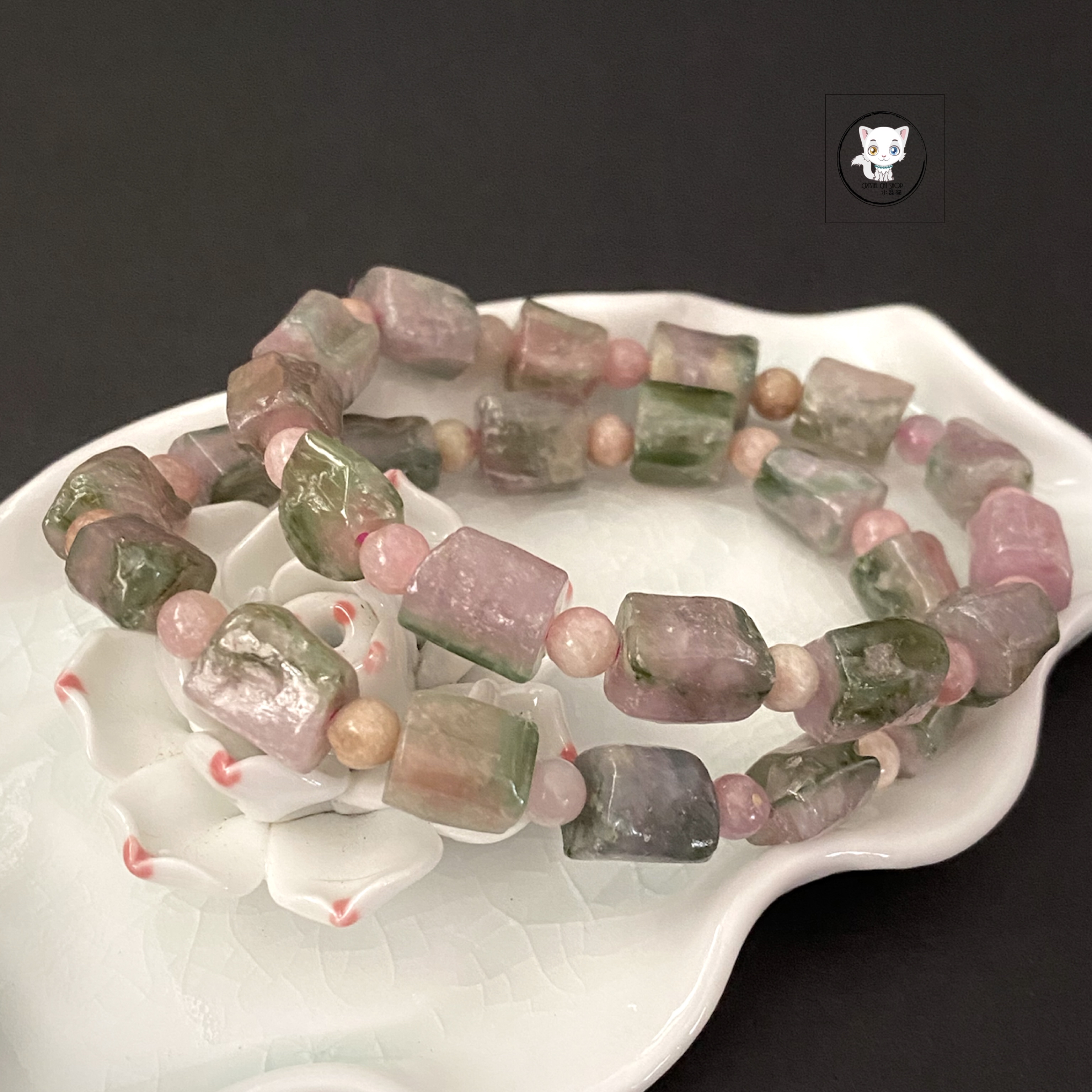 粉綠西瓜碧璽原石手鏈 9.5mm