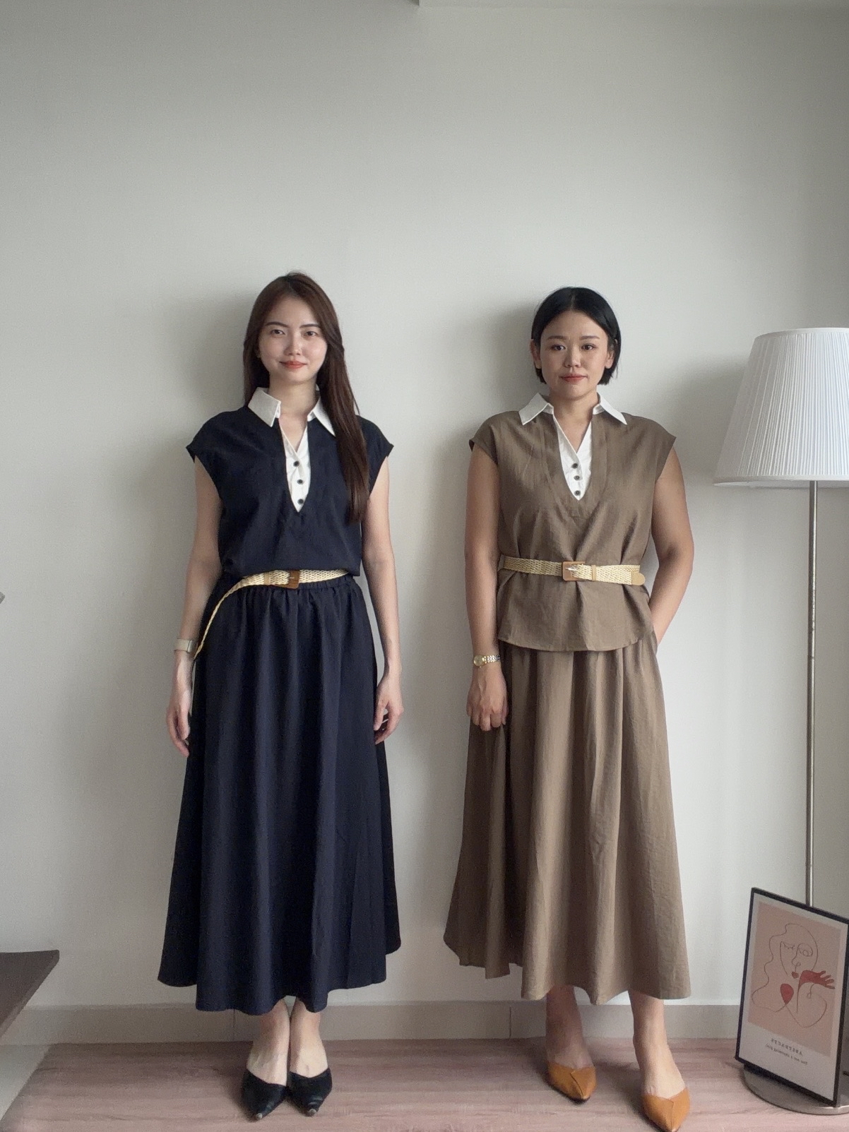 D2381A Fake Two-Pieces Matching Set - Brown & Navy