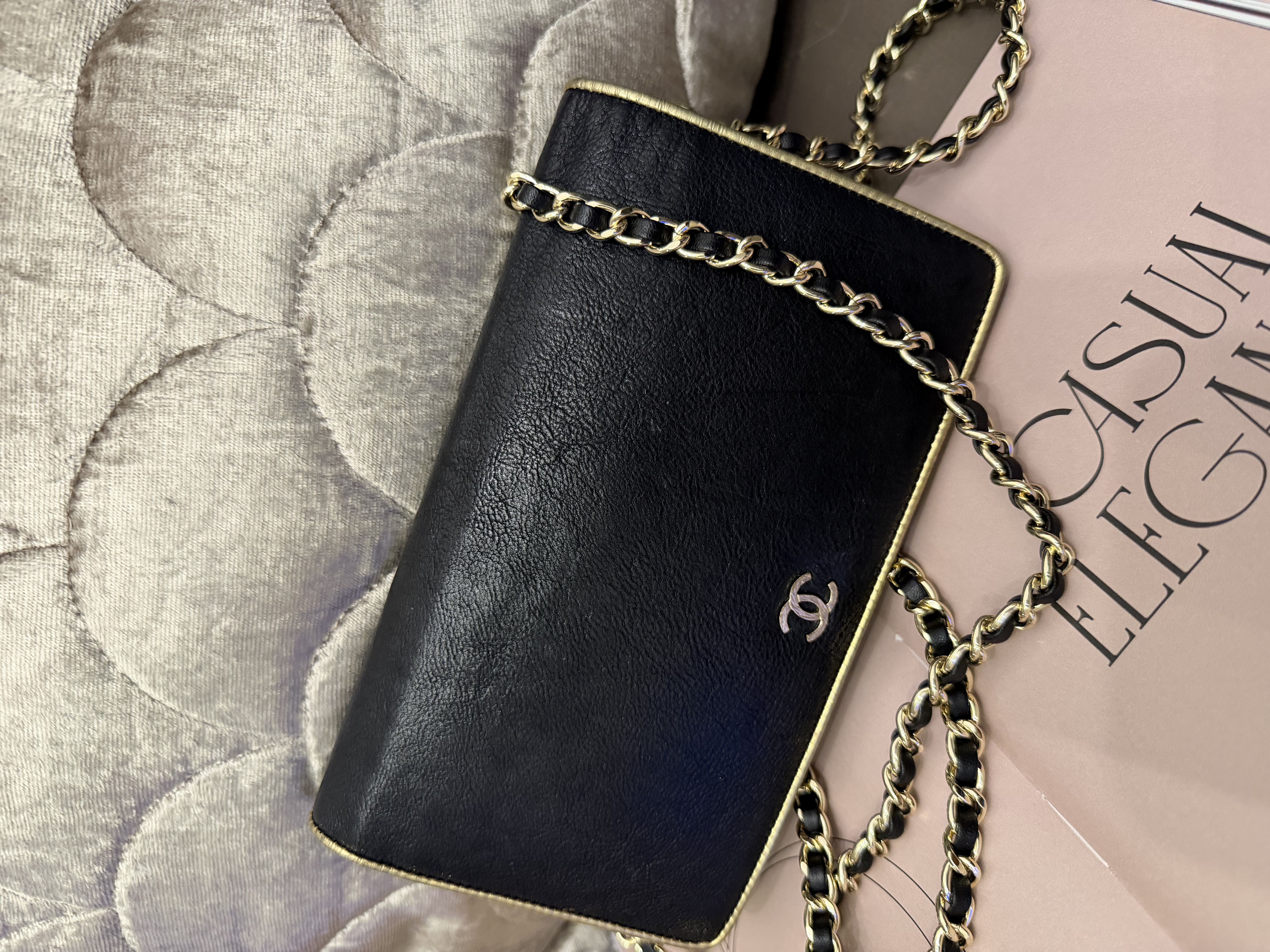 Chanel black champagne gold long wallet
