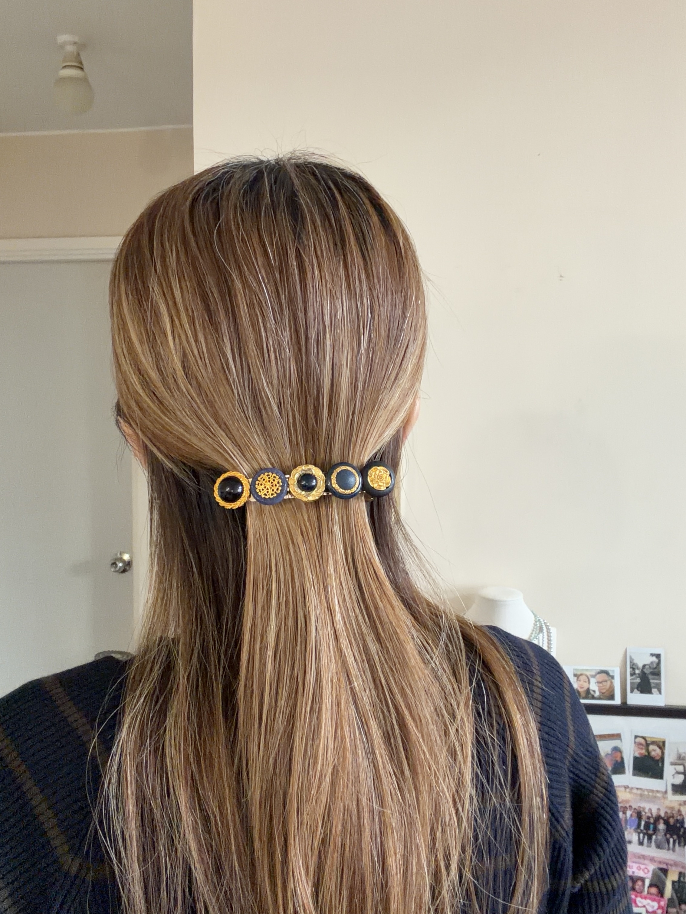 英倫風格藍黑色鈕扣髪夾/8cm長